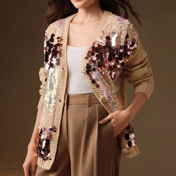 Multicolor Casual Women's V-Neck Cardigan Sweater with Sequins - Picture 7 of 7